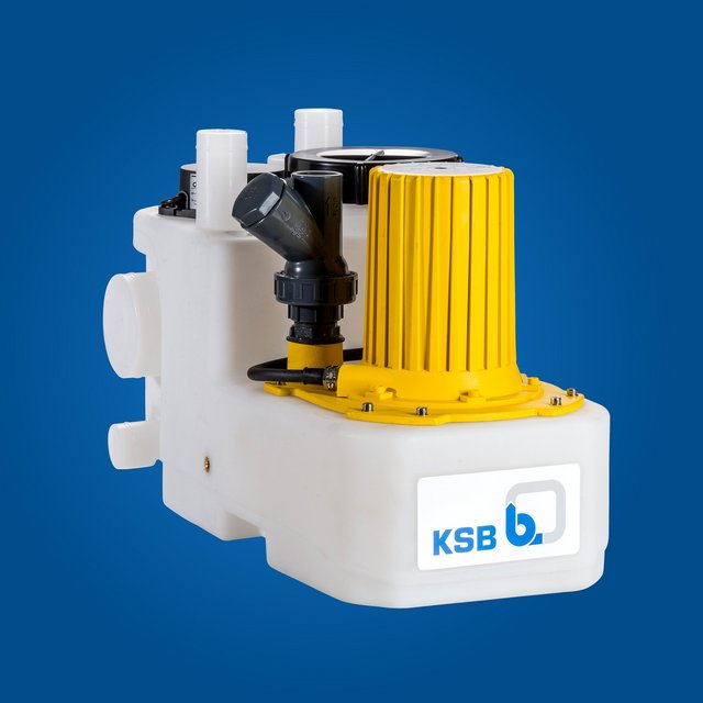 Die Abbildung zeigt eine KSB-Pumpe mit einem markanten gelben Gehäuse und mehreren Anschlüssen