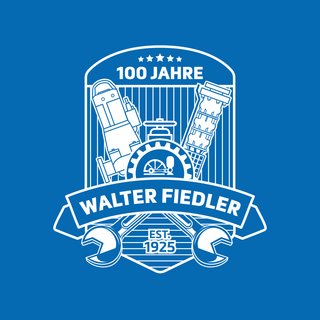 Jubiläumslogo 100 Jahre Walter Fiedler in weiß auf blauem Grund